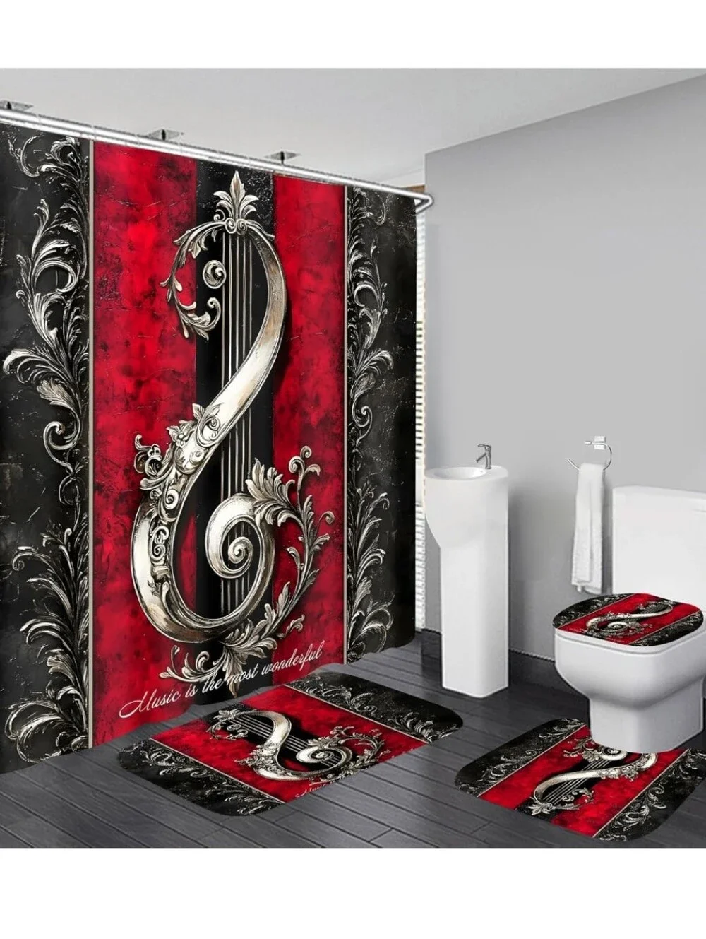 Music Treble Clef Red and Black Bathroom Set - Shower Curtain & Rugs